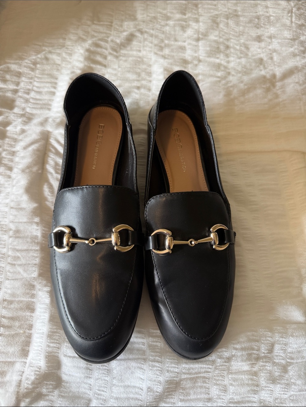 BCBGeneration Black Leather Loafers with Gold Buckle Detail